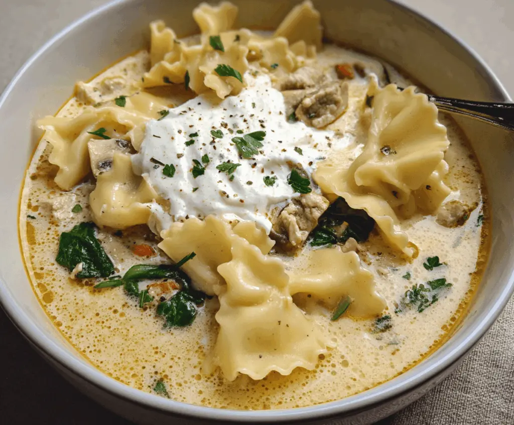 Creamy white lasagna soup in a bowl topped with cheese and herbs, featuring layers of pasta, rich white sauce, and fresh basil garnish.