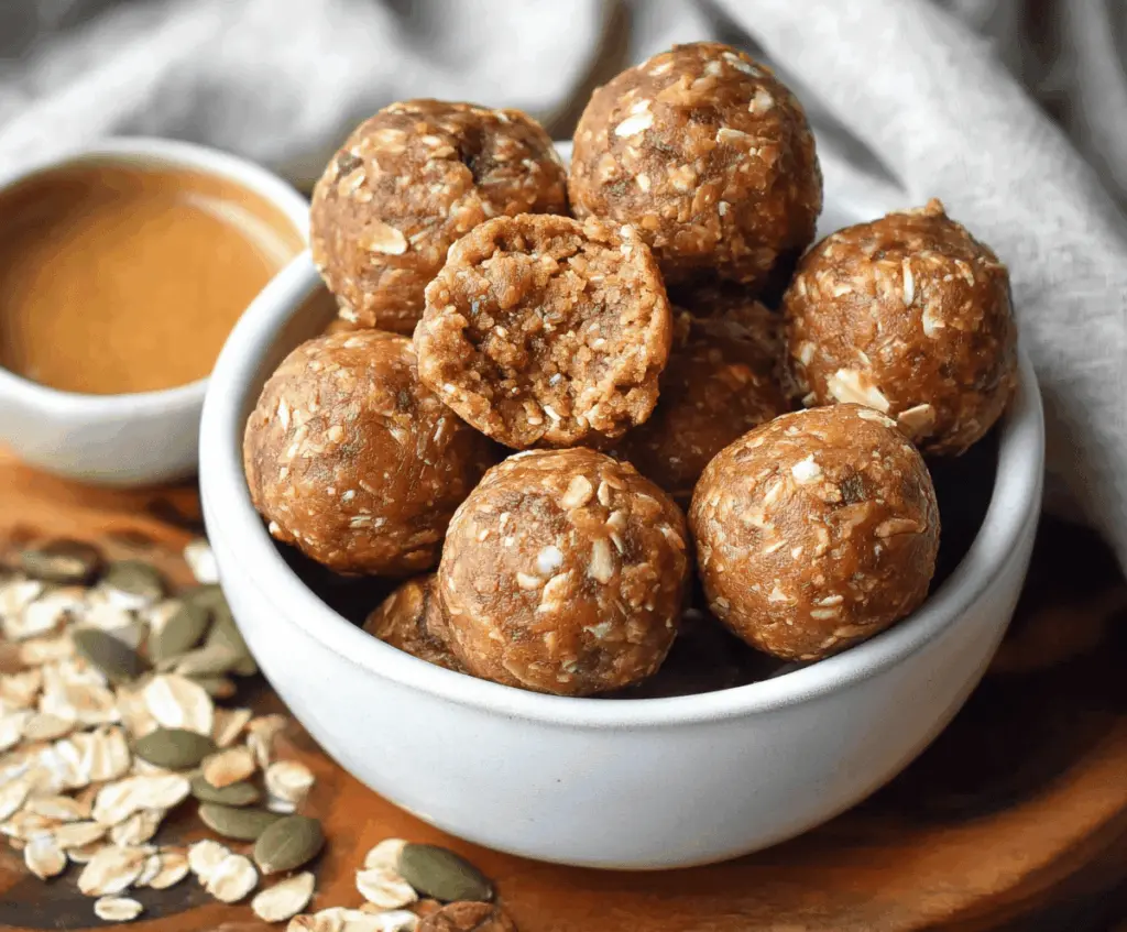 Healthy Almond Butter Pumpkin Protein Balls on a white plate, featuring a festive autumn theme with cinnamon and pumpkin seeds, perfect for quick snacks and energy boosts.