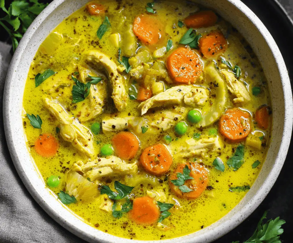 Creamy turmeric chicken soup with fresh herbs and vegetables, promoting anti-inflammatory benefits and comforting flavor.