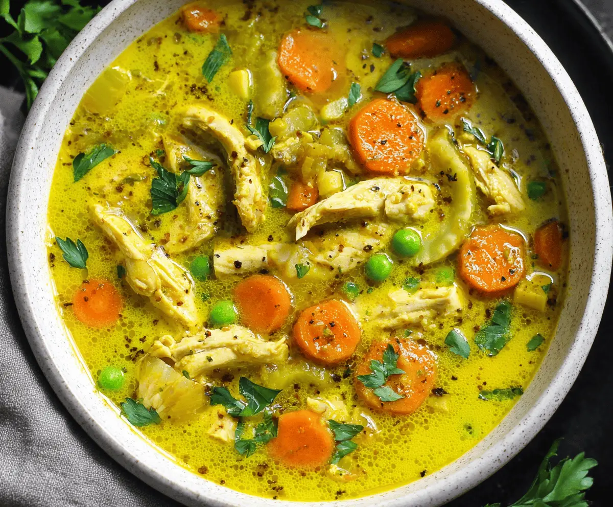 Creamy turmeric chicken soup with fresh herbs and vegetables, promoting anti-inflammatory benefits and comforting flavor.