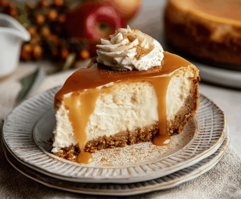 Creamy apple cider cheesecake topped with caramelized apple slices and a cinnamon garnish, perfect for fall desserts.