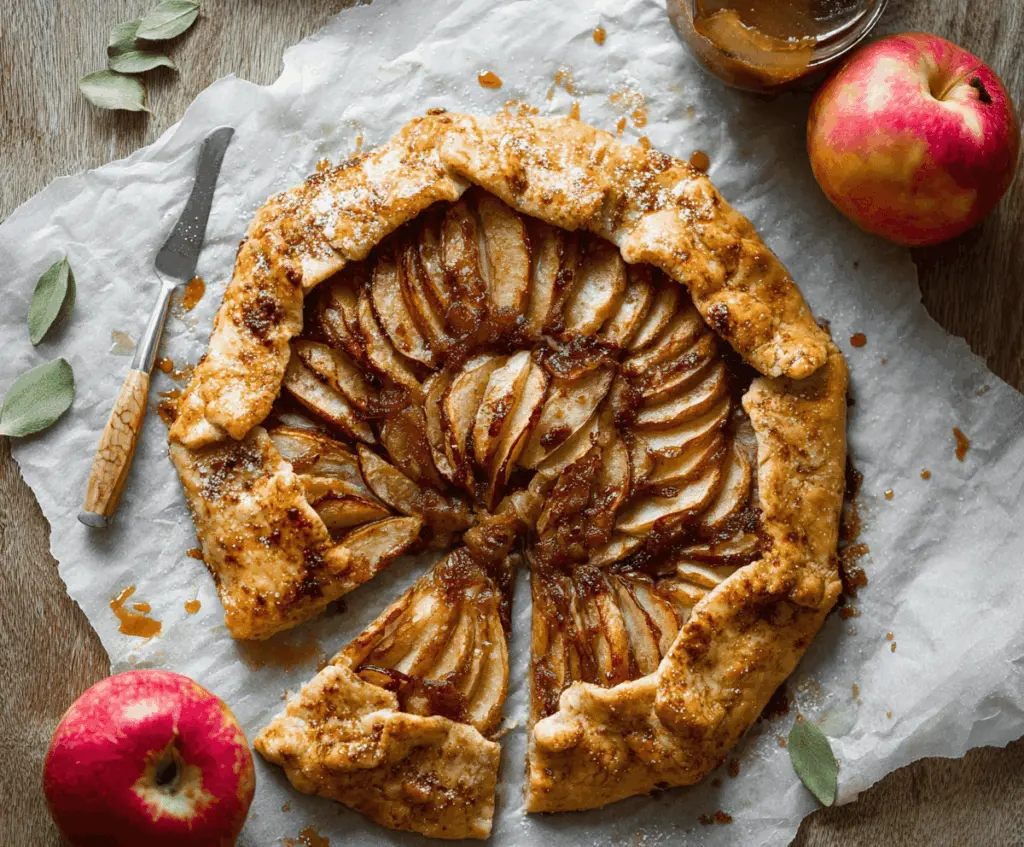 Delicious homemade apple galette with golden crust and caramelized apple slices on a rustic wooden table
