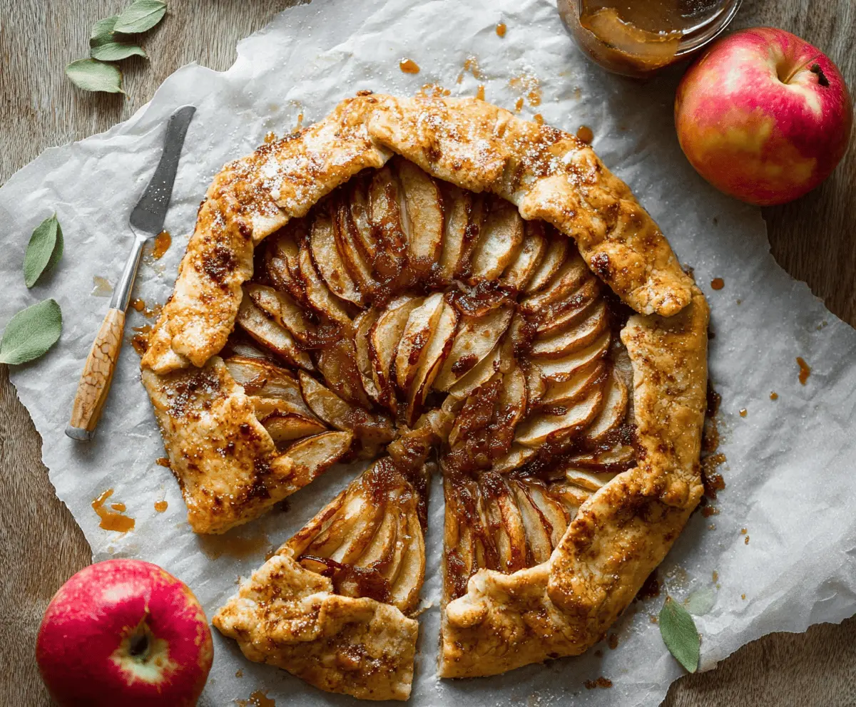 Delicious homemade apple galette with golden crust and caramelized apple slices on a rustic wooden table