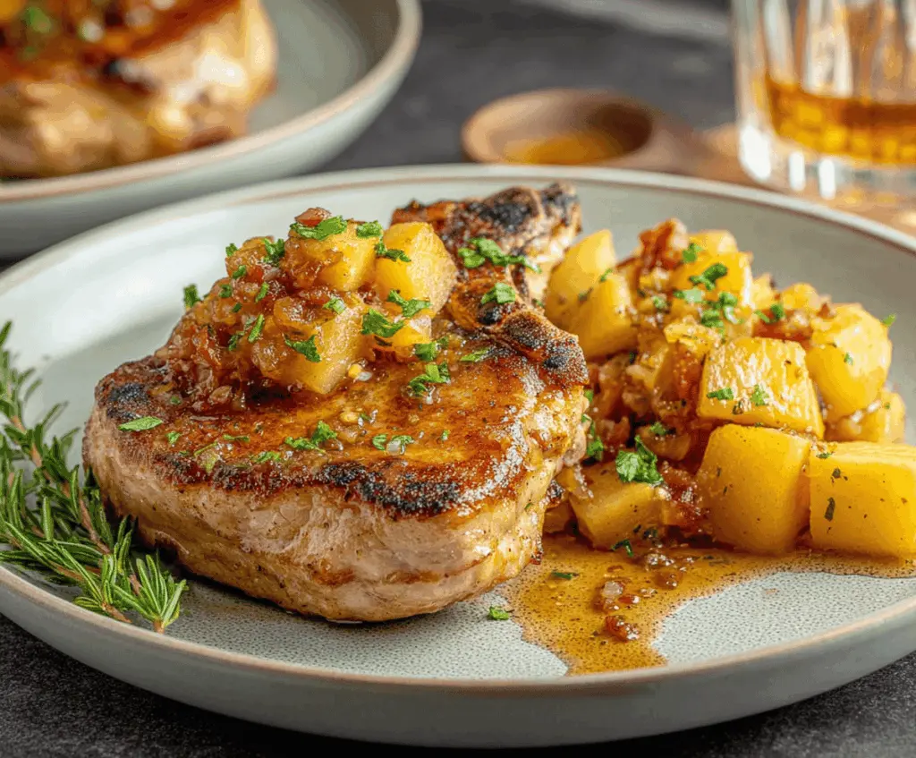 Juicy apple-stuffed pork chops garnished with herbs, served on a white plate for a delicious and savory meal.