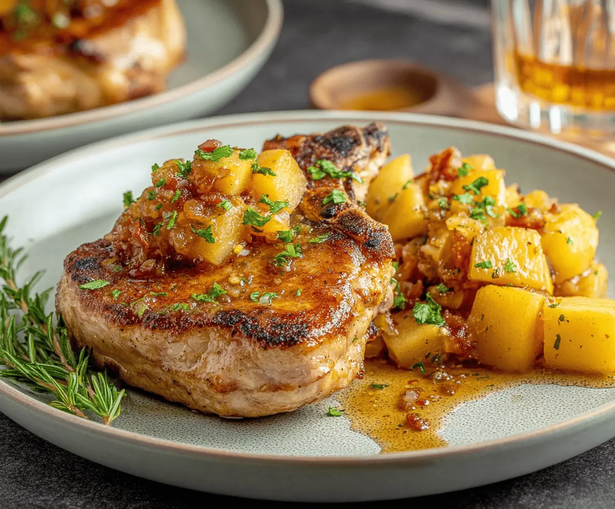 Juicy apple-stuffed pork chops garnished with herbs, served on a white plate for a delicious and savory meal.