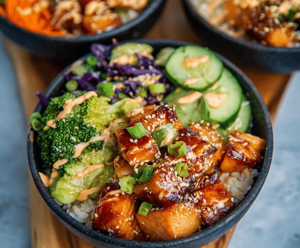 Delicious Bang Bang Salmon Bite Bowls featuring crispy salmon bites, creamy spicy sauce, fresh vegetables, and rice, perfect for a flavorful seafood appetizer or main course.