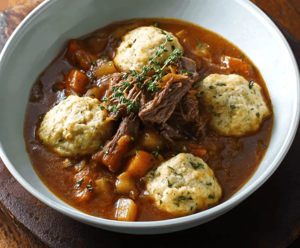 Hearty beef stew with tender chunks of beef, vegetables, and fluffy dumplings served in a rustic bowl.