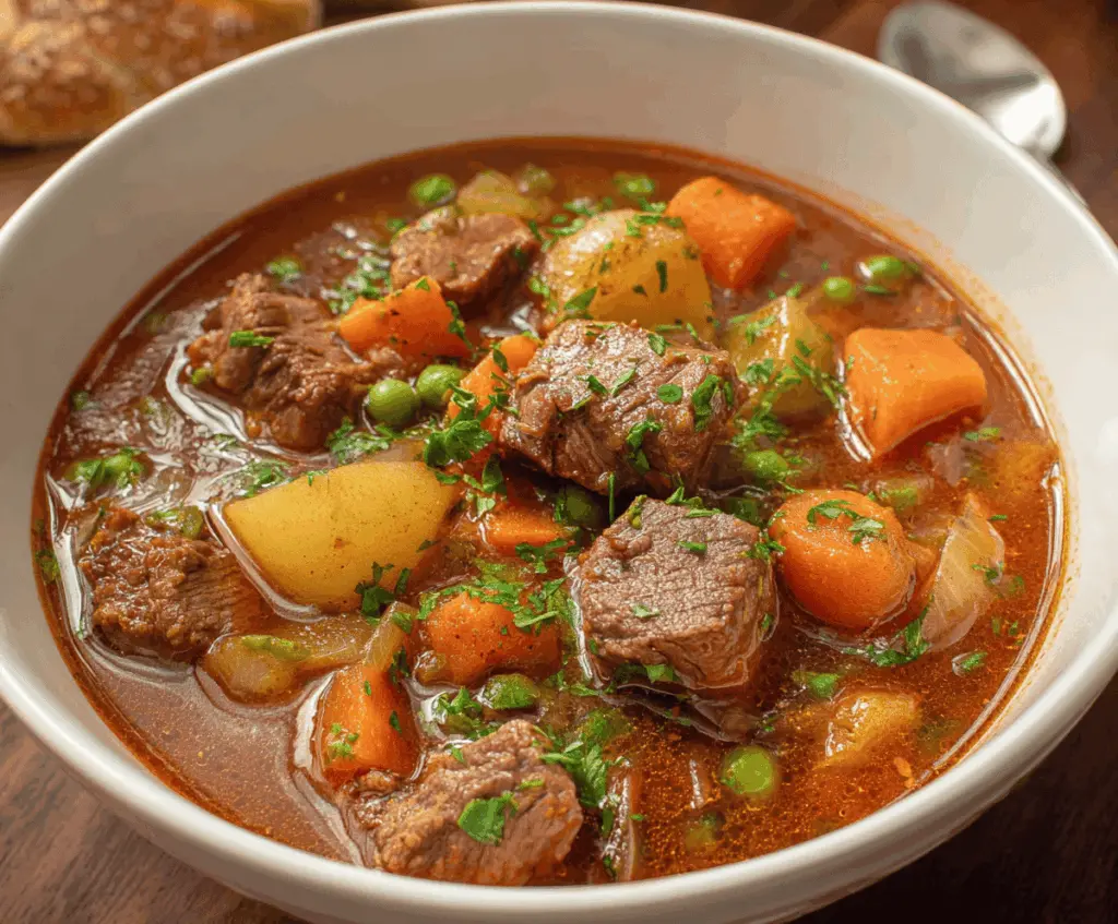 Hearty beef stew with tender beef chunks, carrots, potatoes, and green beans in a savory broth served in a rustic bowl.