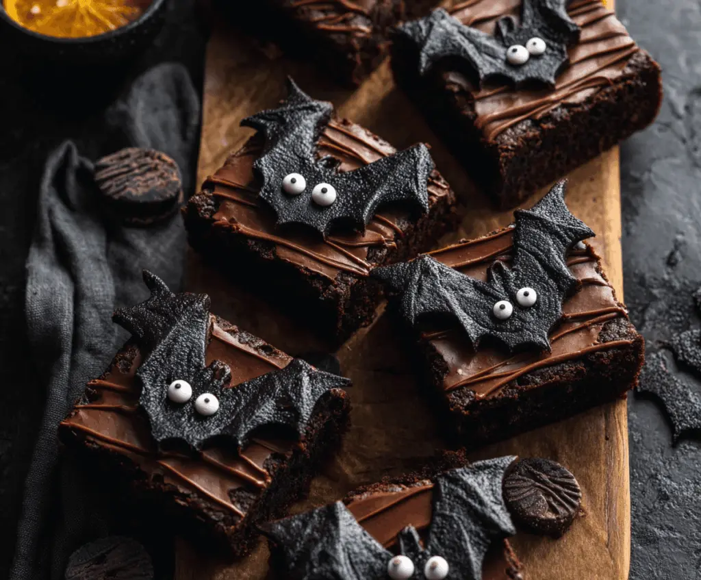 Delicious Black Bat Brownies decorated with spooky bat-shaped chocolate toppings for a Halloween treat