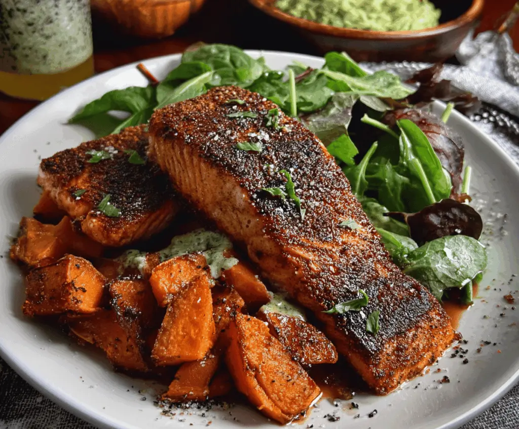 Delicious blackened salmon served with roasted sweet potatoes on a dinner plate.