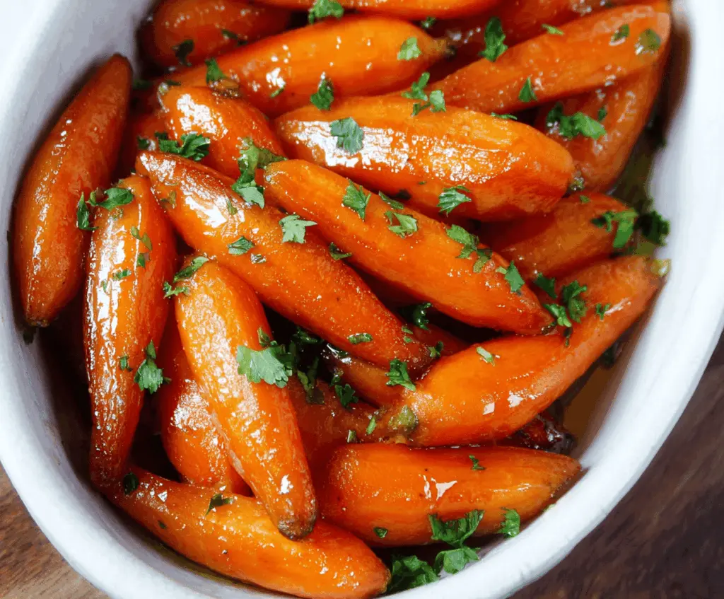 Delicious brown sugar glazed carrots garnished with fresh herbs on a rustic plate, perfect for a savory side dish