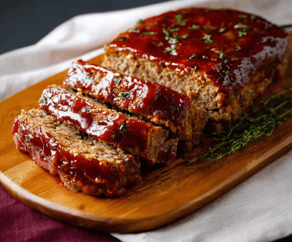 Juicy meatloaf topped with a rich brown sugar and ketchup glaze, served on a plate with fresh herbs and vegetables