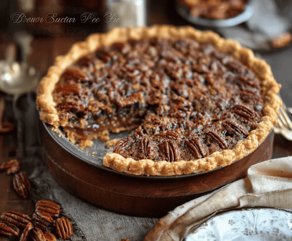 Delicious homemade brown sugar pecan pie topped with toasted pecans and a glossy caramel glaze, perfect for dessert or special occasions.