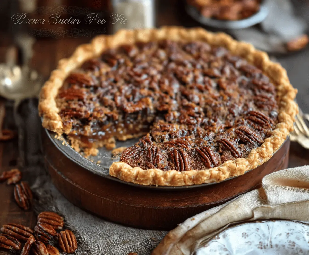 Delicious homemade brown sugar pecan pie topped with toasted pecans and a glossy caramel glaze, perfect for dessert or special occasions.