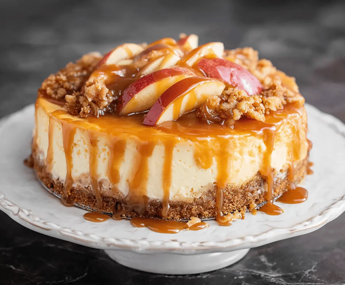 Delicious caramel apple cheesecake topped with caramel drizzle and fresh apple slices, perfect for fall desserts