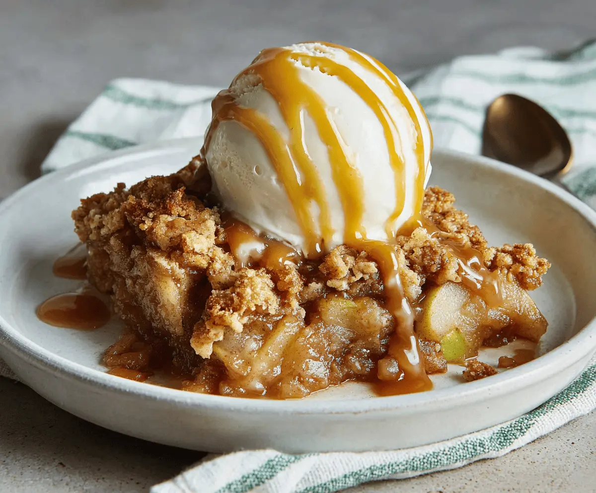 Delicious caramel apple dump cake topped with caramel drizzle and cinnamon for a warm dessert.