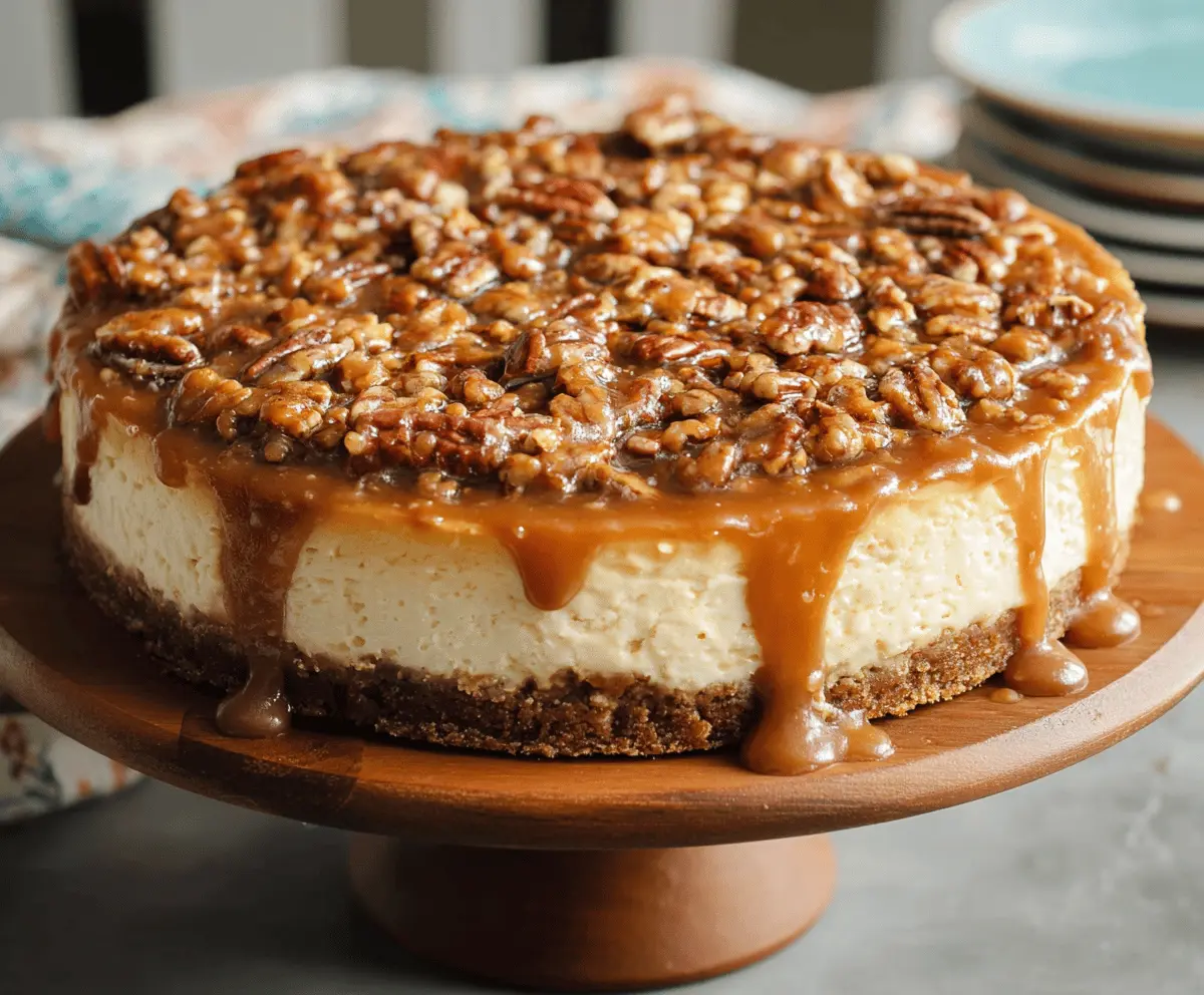 Delicious caramel pecan cheesecake topped with caramel drizzle and roasted pecans, served on a white plate with a fork, perfect for dessert.
