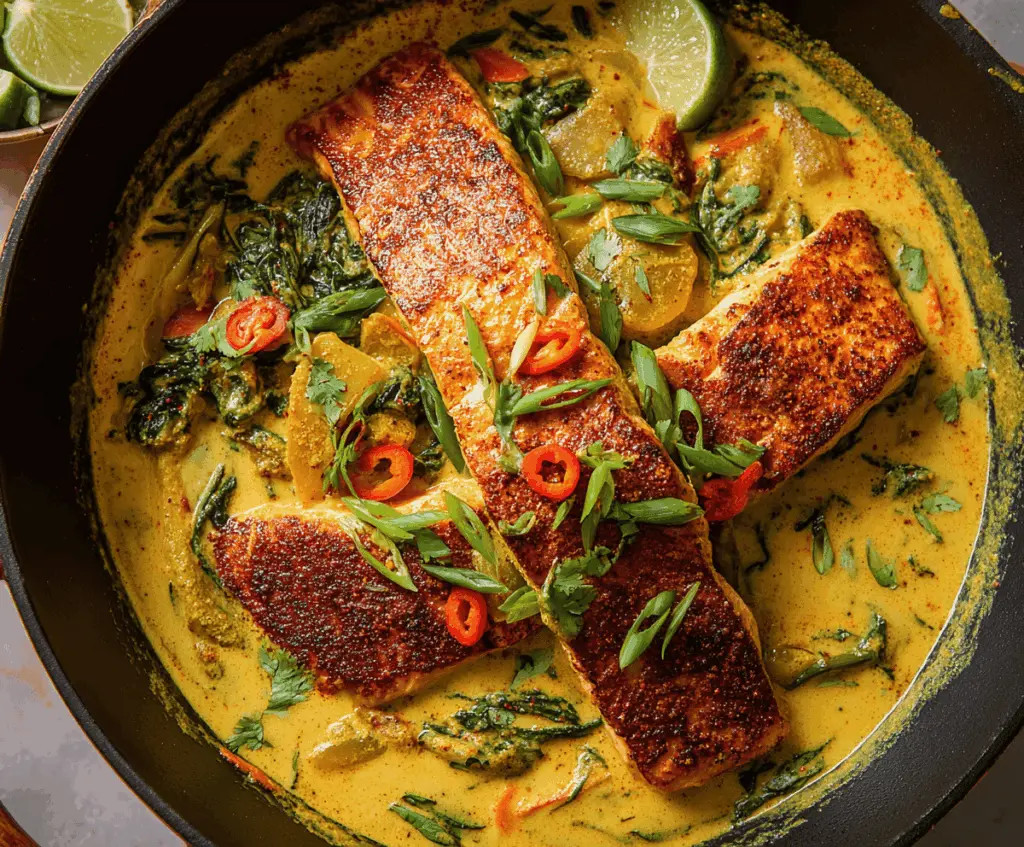 Creamy Caribbean Coconut Curry Salmon served with vibrant vegetables and jasmine rice, showcasing a flavorful and colorful seafood dish