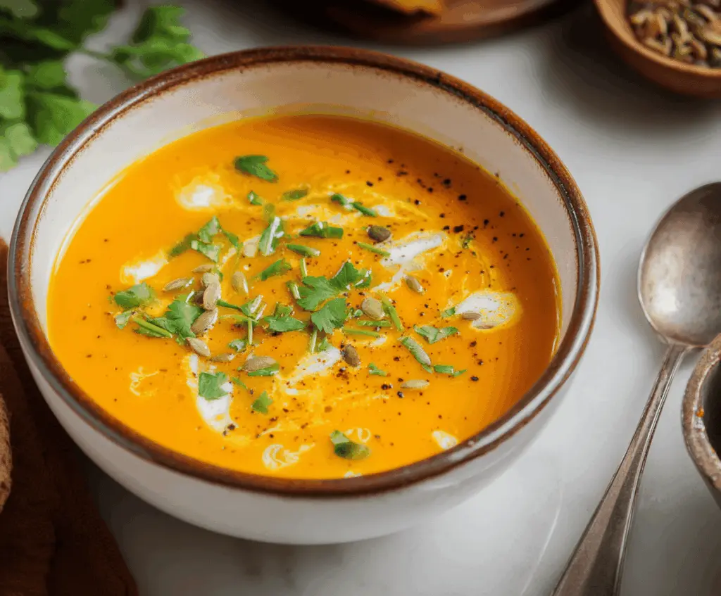 Creamy carrot ginger soup garnished with fresh herbs in a bowl, perfect for a warm and healthy meal.