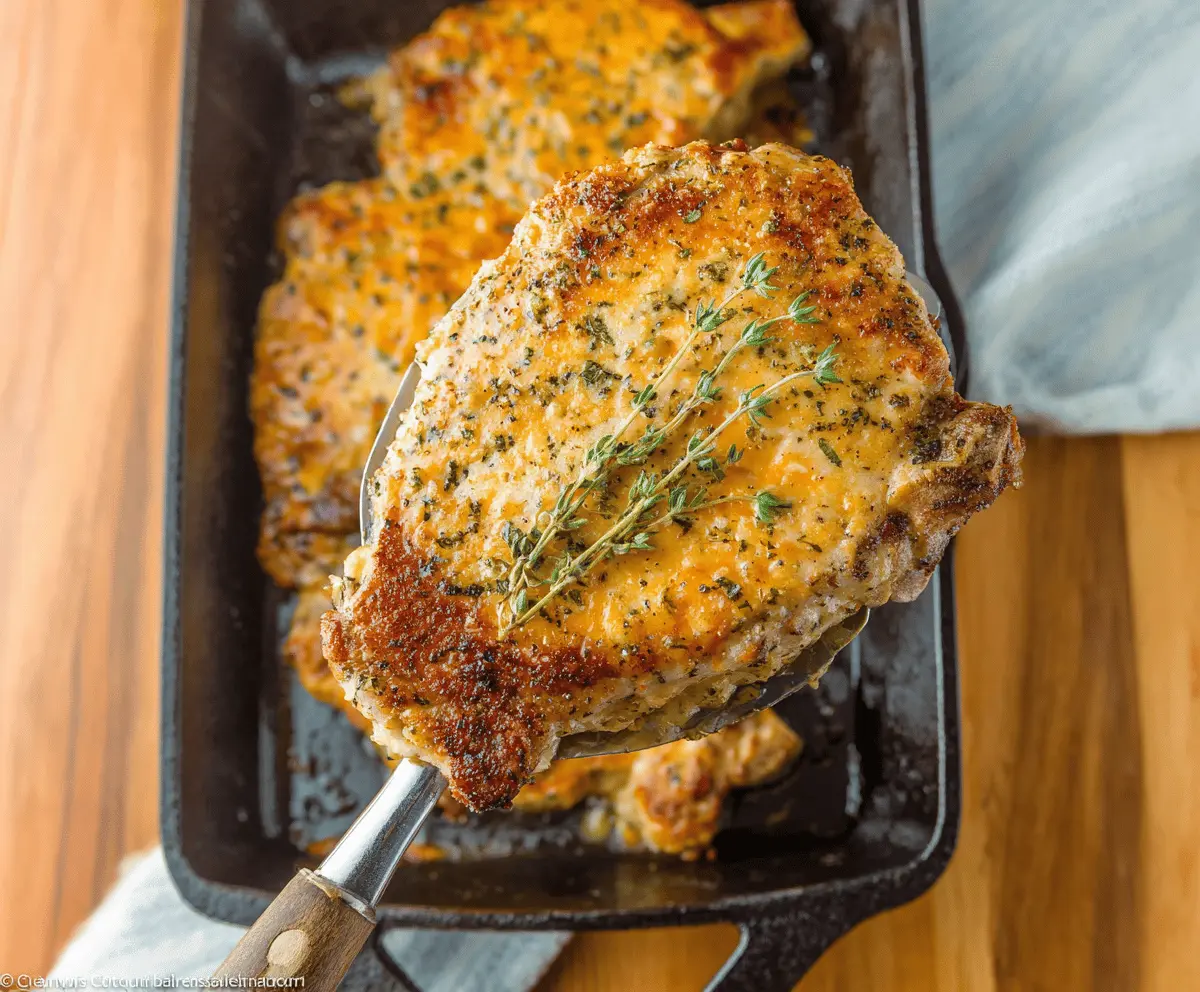Juicy baked cheddar ranch pork chops garnished with fresh herbs on a white plate, served with side vegetables