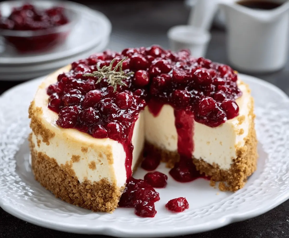 Delicious homemade cheesecake topped with vibrant cranberry sauce, perfect for festive desserts and special occasions.