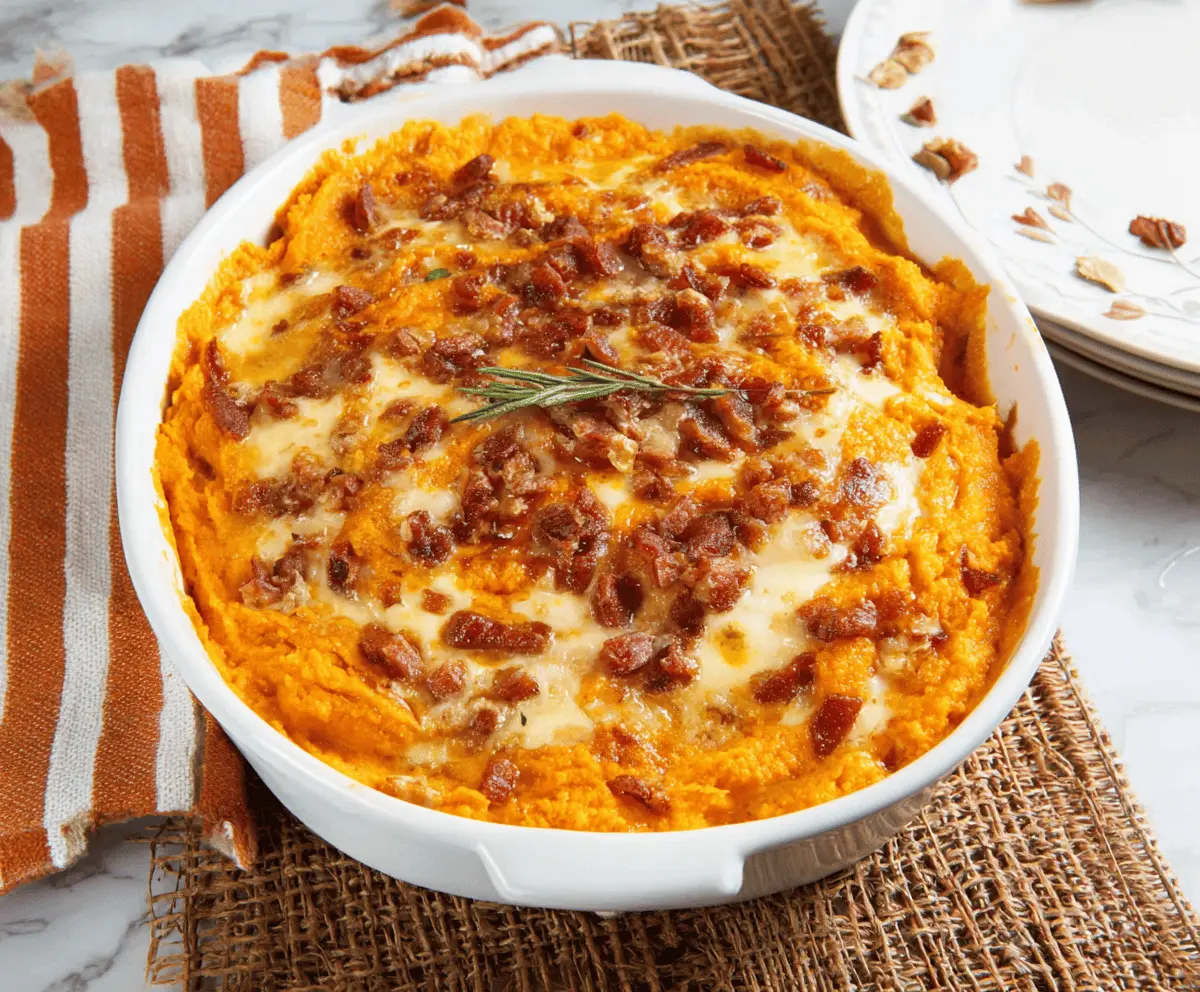 Creamy cheesy sweet potato casserole topped with melted cheese and golden breadcrumbs, perfect for holiday dinners and family gatherings.