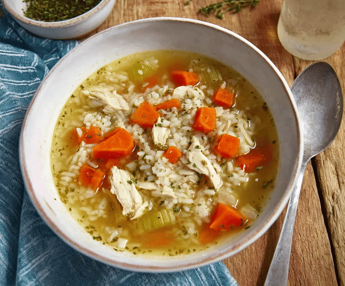 A steaming bowl of homemade chicken and rice soup with shredded chicken, rice, vegetables, and herbs in a clear broth
