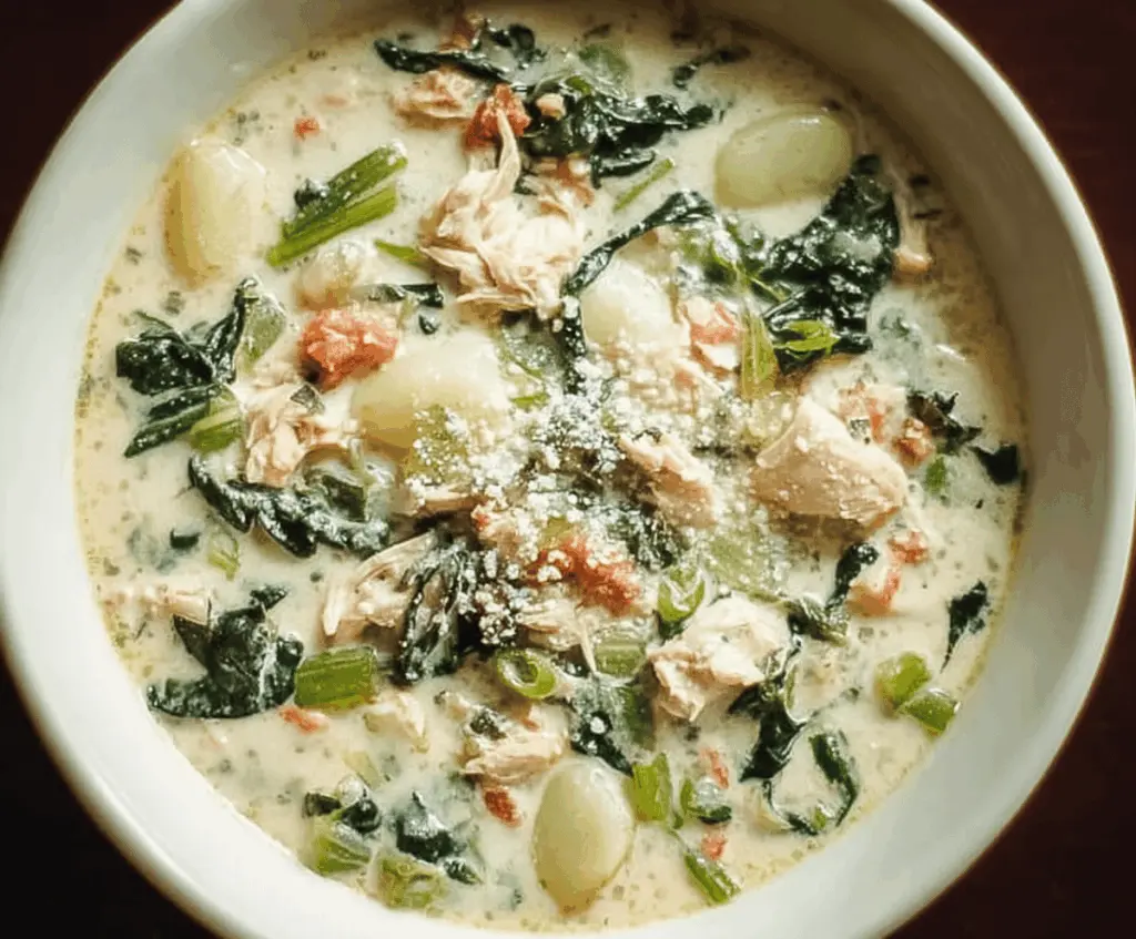 Creamy Chicken Florentine Soup with spinach, tender chicken, and fresh herbs in a bowl
