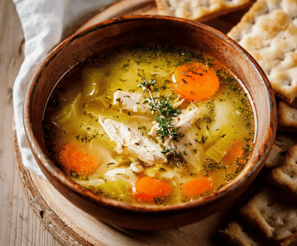 A steaming bowl of homemade chicken soup with tender chicken pieces, fresh vegetables, and herbs served in a white bowl on a wooden table.