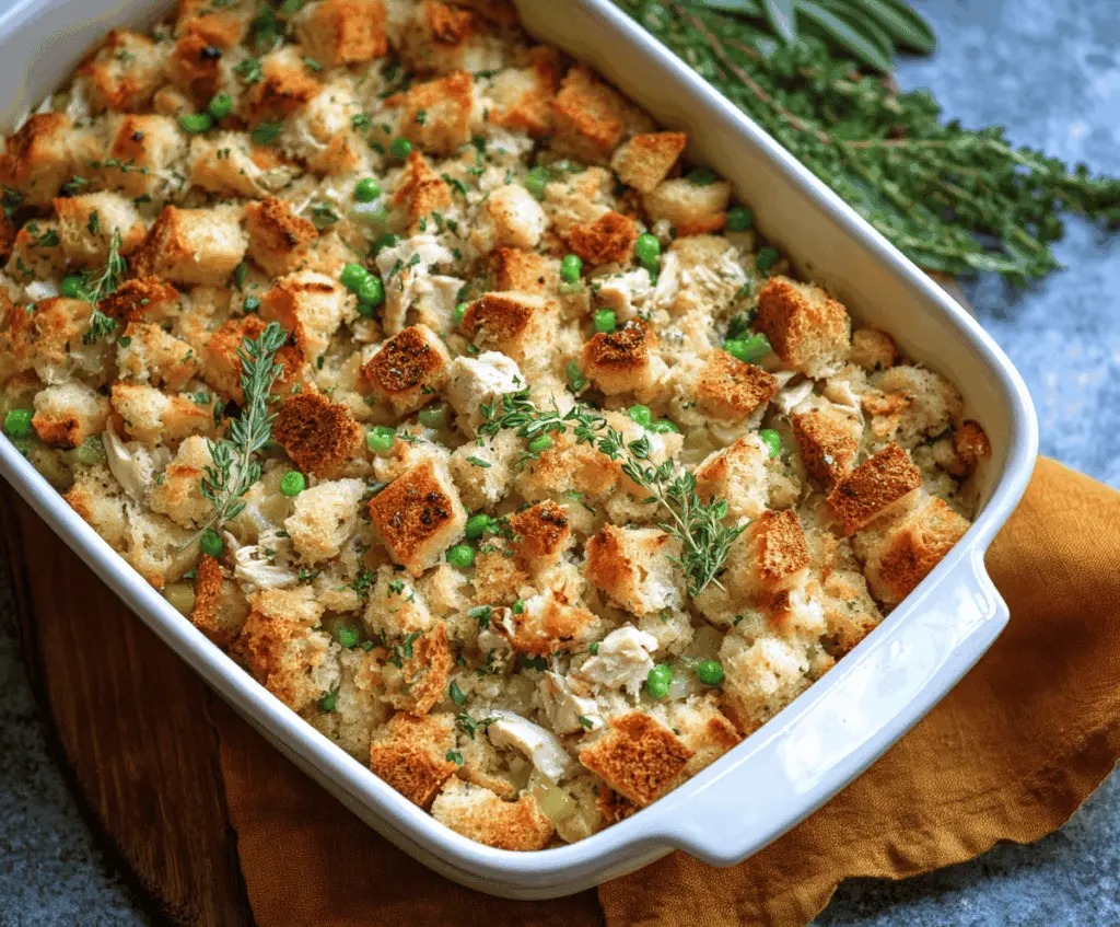Delicious Chicken & Stuffing Casserole served in a baking dish with golden-brown stuffing topping.