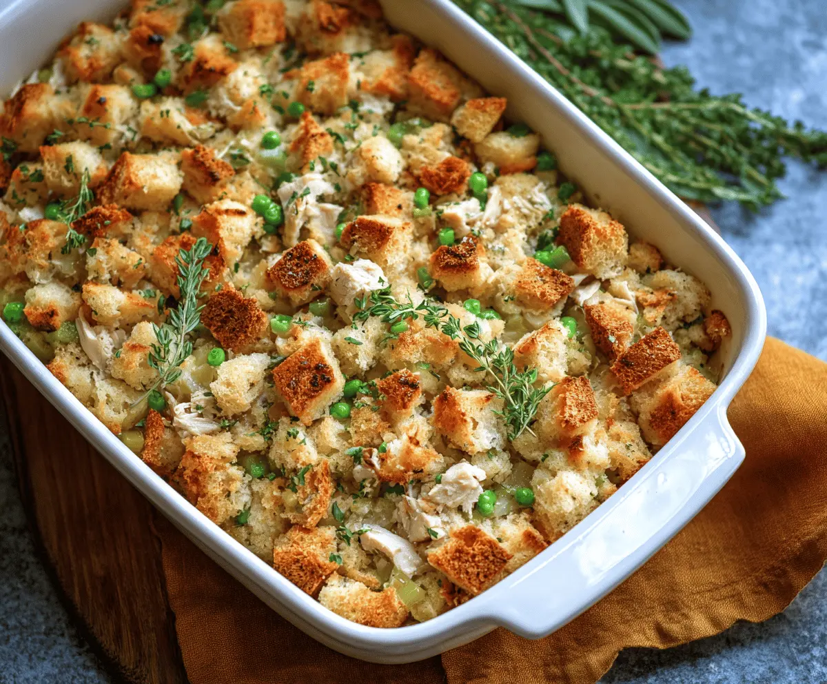 Delicious Chicken & Stuffing Casserole served in a baking dish with golden-brown stuffing topping.