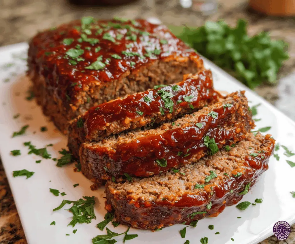 Juicy chipotle meatloaf garnished with fresh herbs on a rustic plate, served with a side of roasted vegetables and a smoky chipotle sauce.