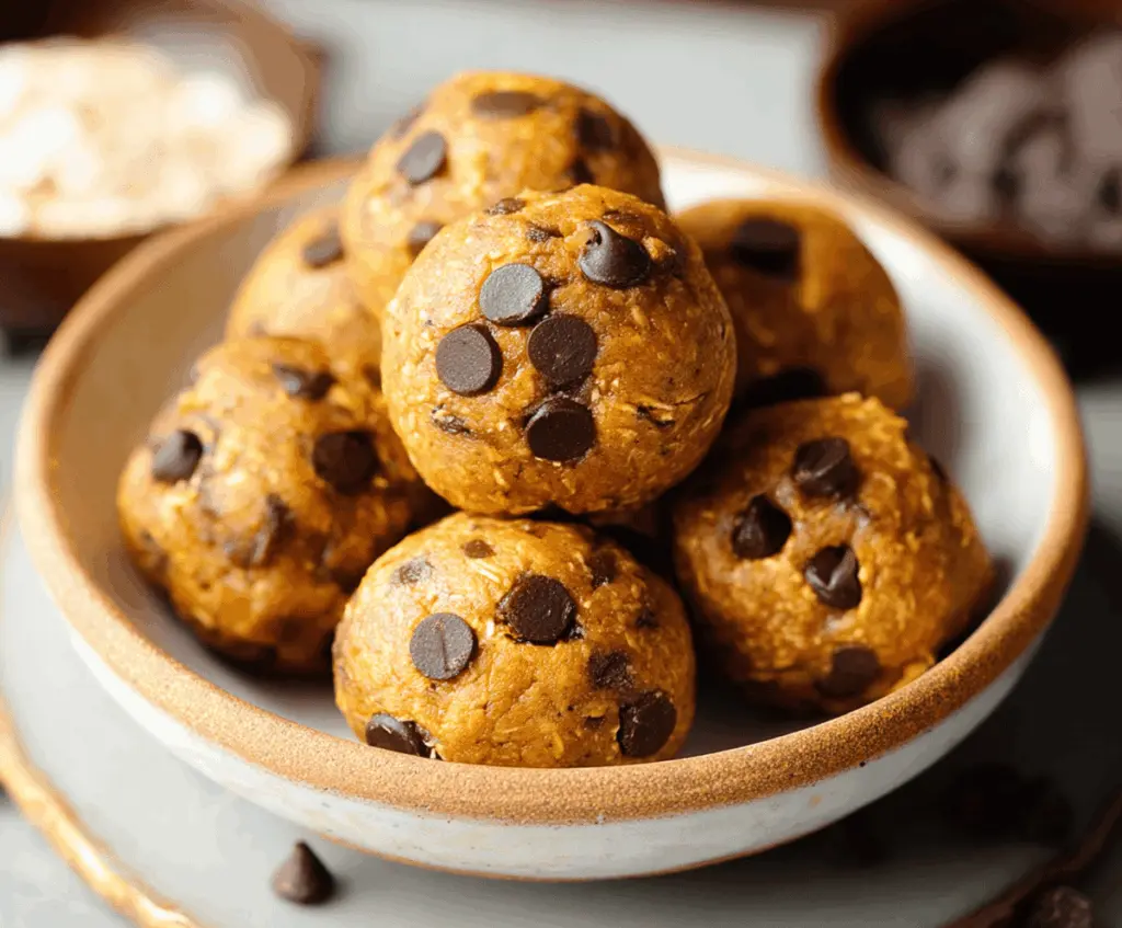 Delicious homemade Chocolate Chip Pumpkin Protein Balls on a white plate, featuring oats, chocolate chips, and pumpkin puree, perfect for a healthy snack.