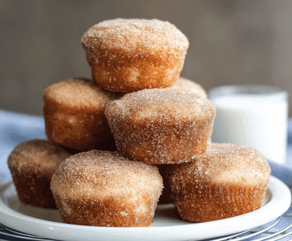 Delicious cinnamon sugar donut muffins with a golden-brown top, sprinkled with cinnamon sugar, served on a plate for breakfast or snack