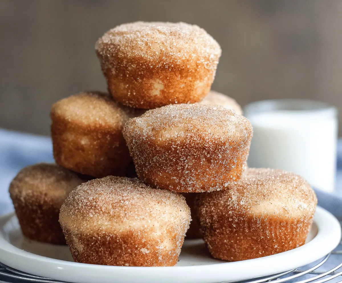 Delicious cinnamon sugar donut muffins with a golden-brown top, sprinkled with cinnamon sugar, served on a plate for breakfast or snack