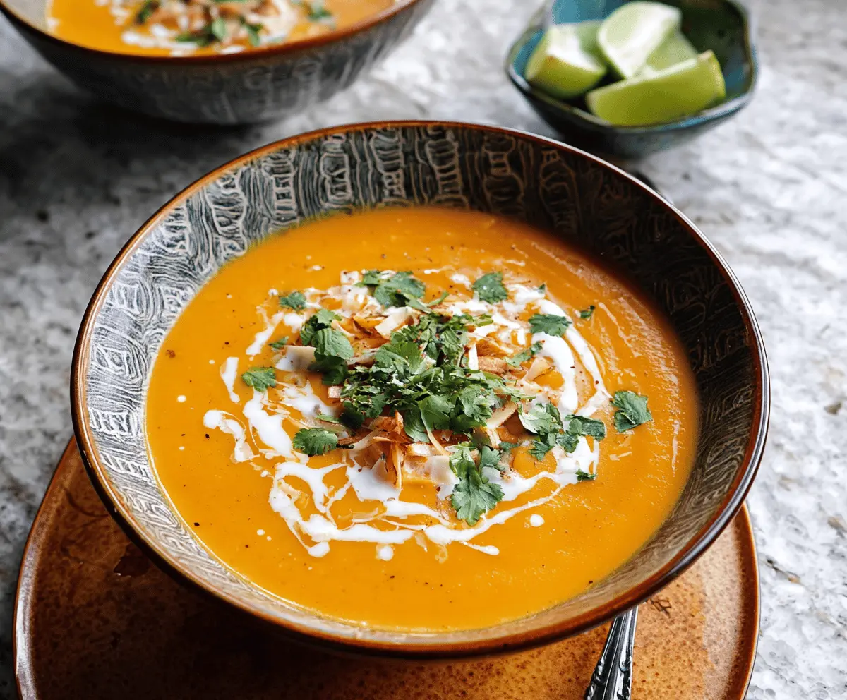 Creamy coconut curry sweet potato soup garnished with fresh cilantro and red chili slices in a rustic bowl