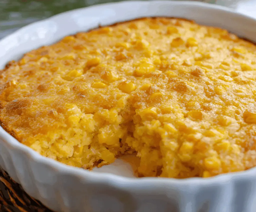 Golden baked corn casserole topped with melted cheese and fresh herbs in a rustic baking dish.