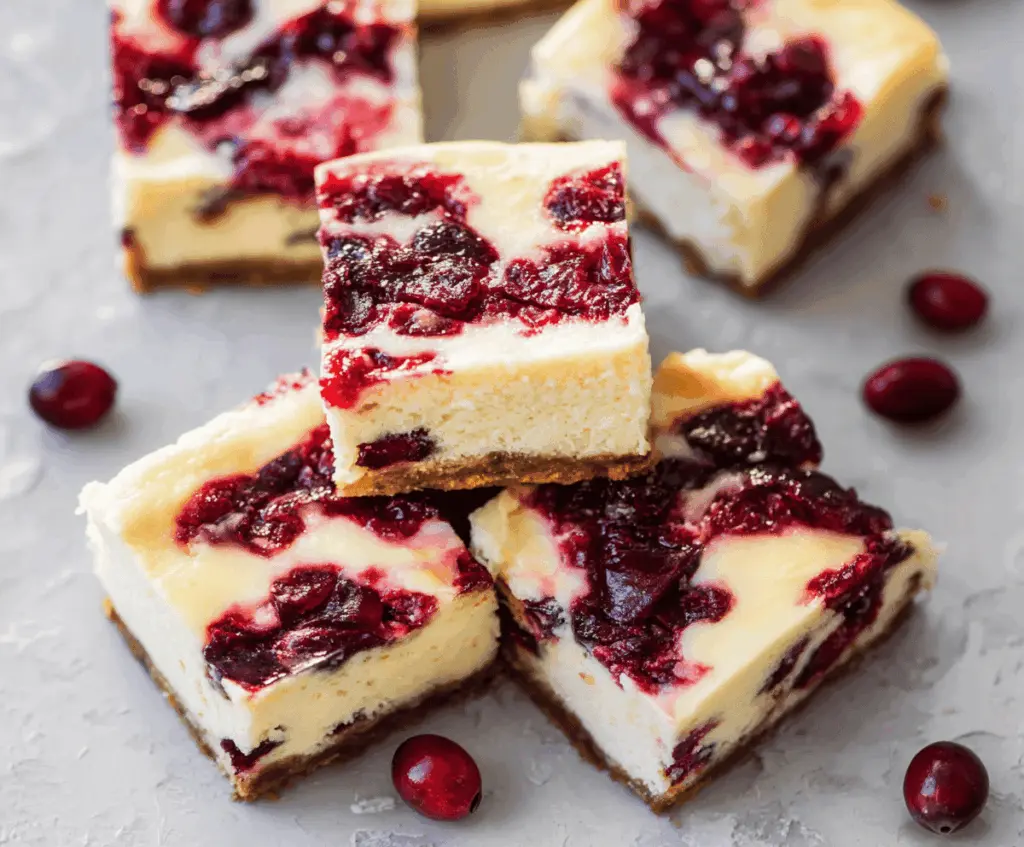 Delicious cranberry cheesecake bars with a creamy filling and fresh cranberries on top.
