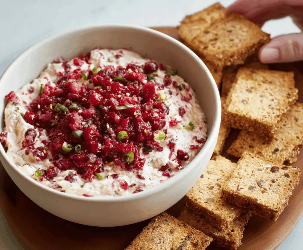 Delicious cranberry jalapeño dip served in a bowl with fresh ingredients around