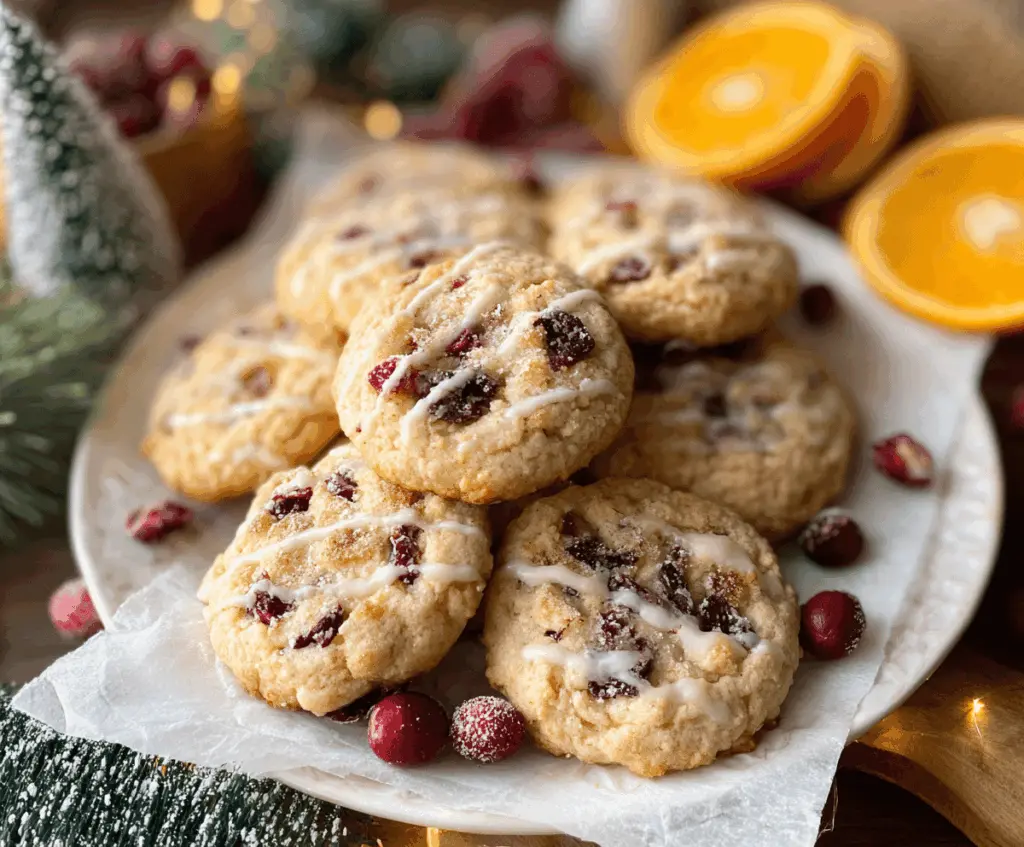 Freshly baked cranberry orange cookies with vibrant red cranberries and zesty orange zest on a rustic plate, perfect for holiday treats