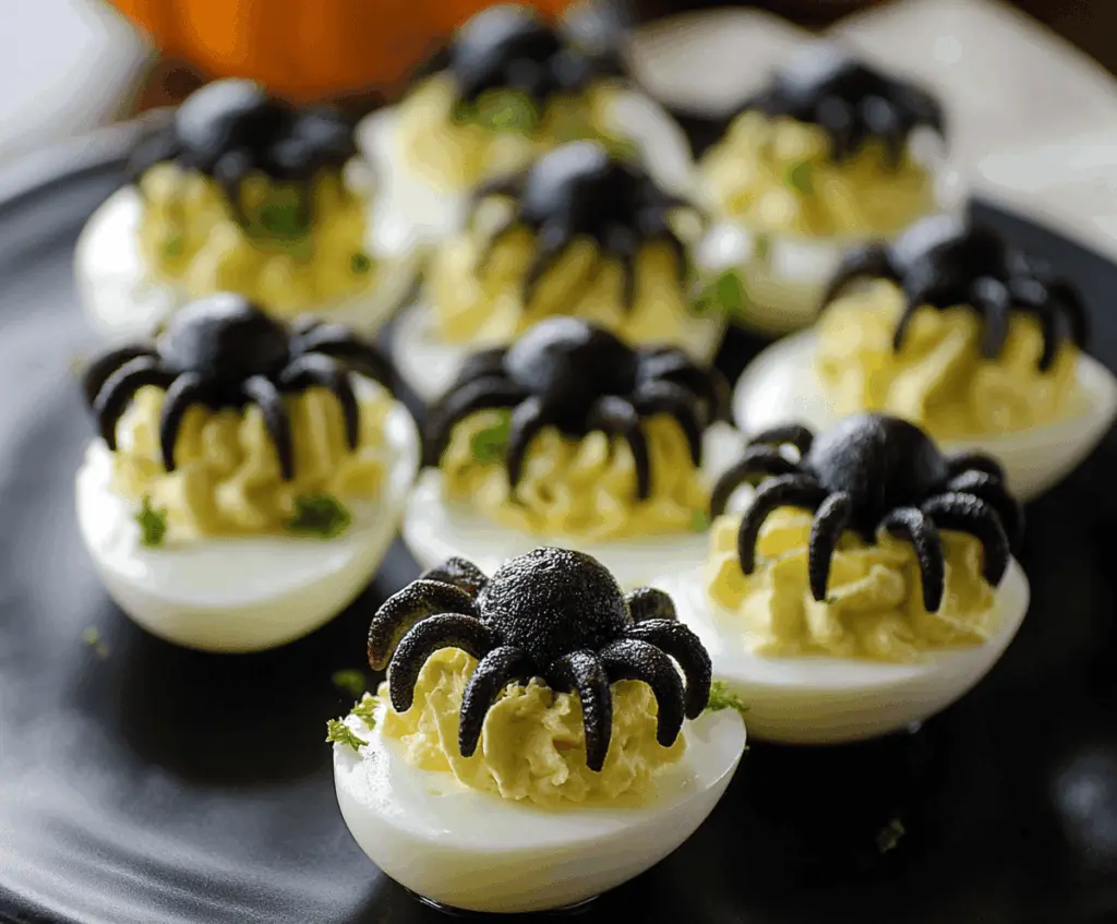 Decorative Crawly Spider Deviled Eggs with black olive spider shapes for a spooky Halloween appetizer