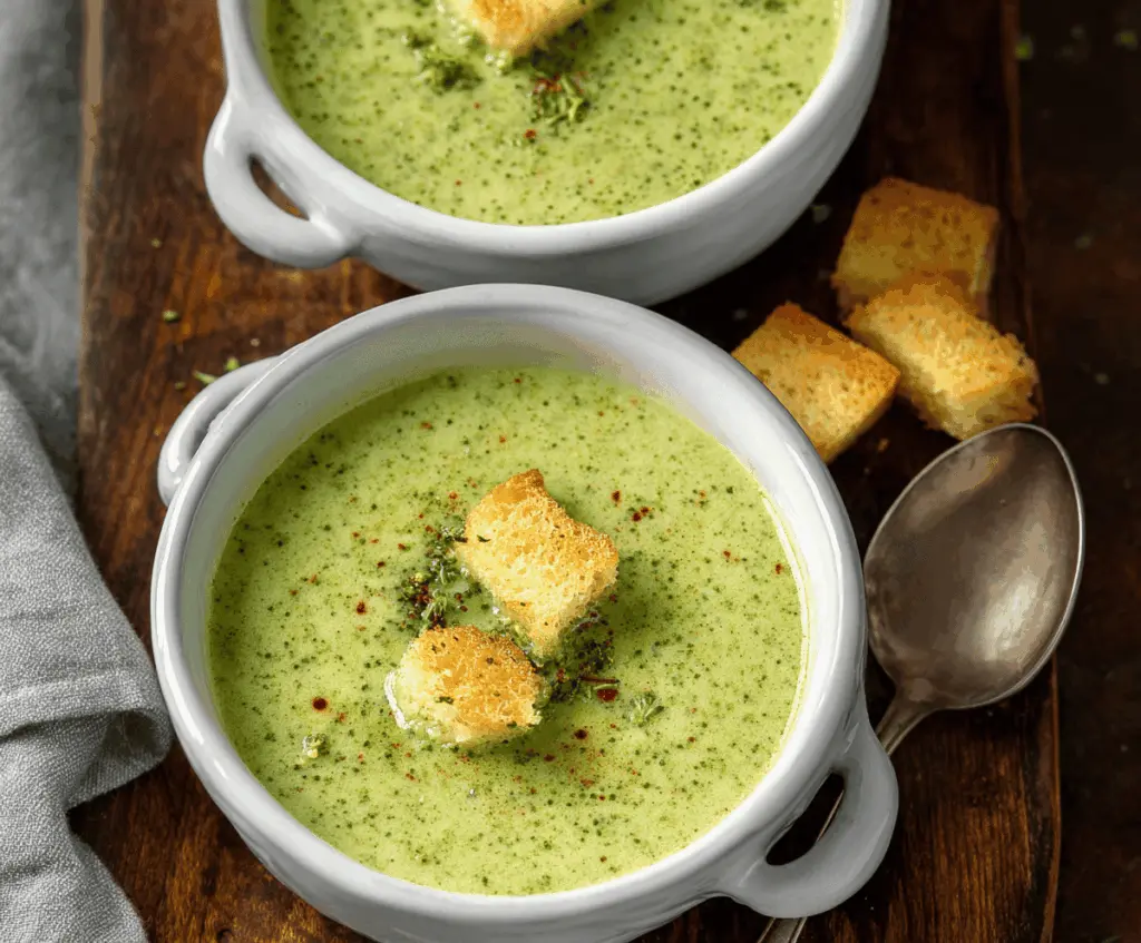 Cream of Broccoli Soup in a bowl topped with shredded cheese and fresh broccoli florets, served with a spoon on a rustic wooden table.