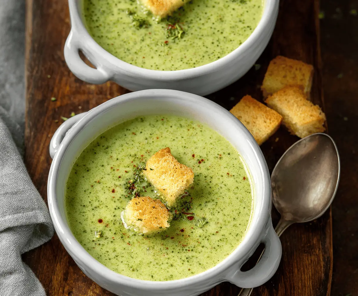 Cream of Broccoli Soup in a bowl topped with shredded cheese and fresh broccoli florets, served with a spoon on a rustic wooden table.