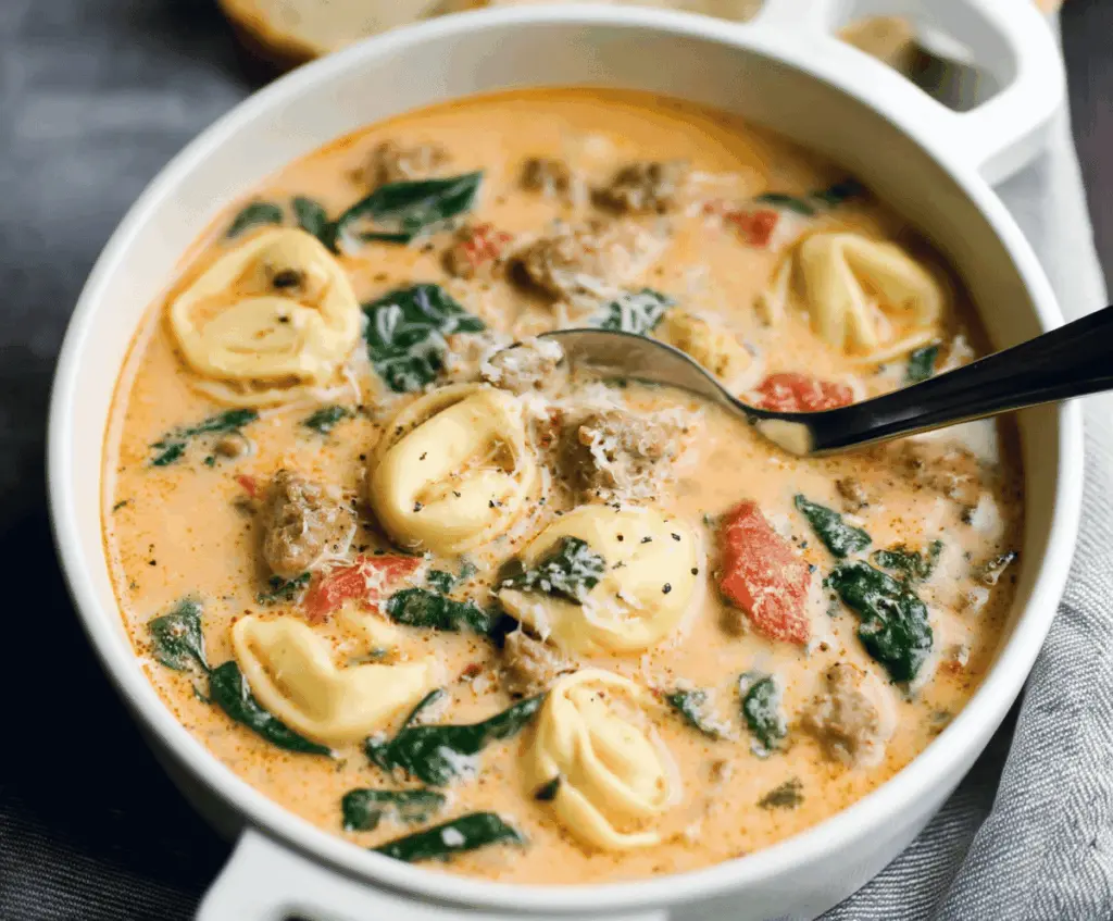 Creamy sausage tortellini soup garnished with fresh herbs in a white bowl, featuring sausage, tortellini, spinach, and creamy broth for a hearty, comforting meal.