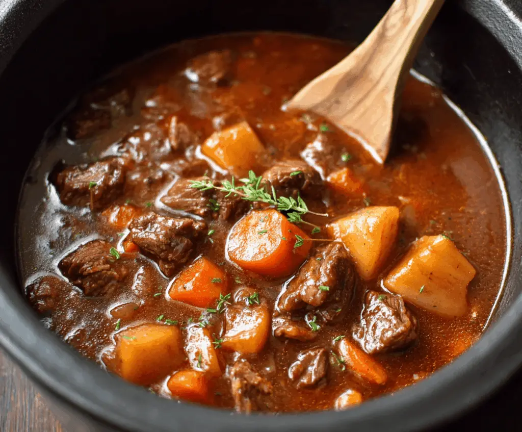 Hearty Crockpot Beef Stew with tender beef chunks, vegetables, and savory broth in a slow cooker