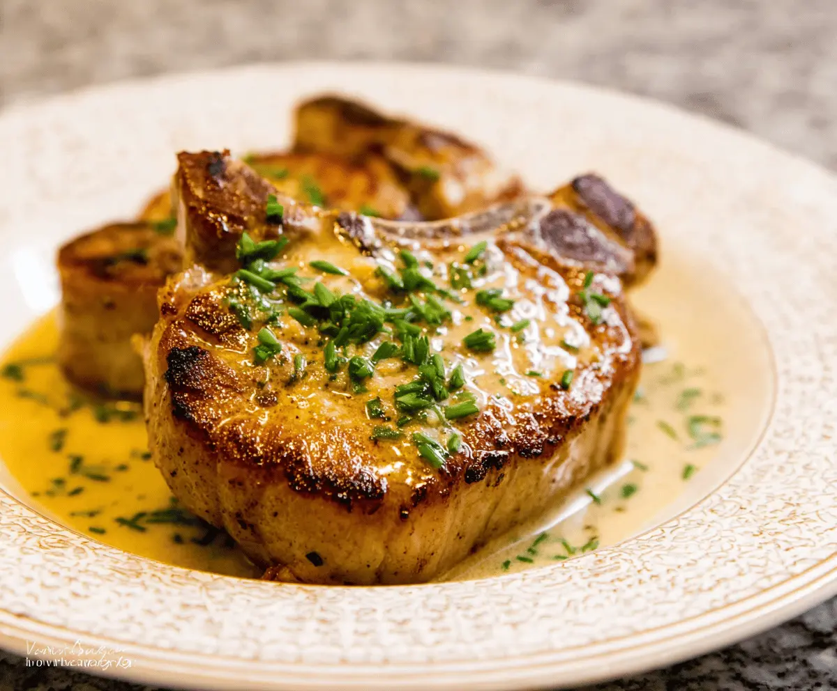 Juicy Dijon Pork Chops served with a creamy mustard sauce on a white plate garnished with fresh herbs