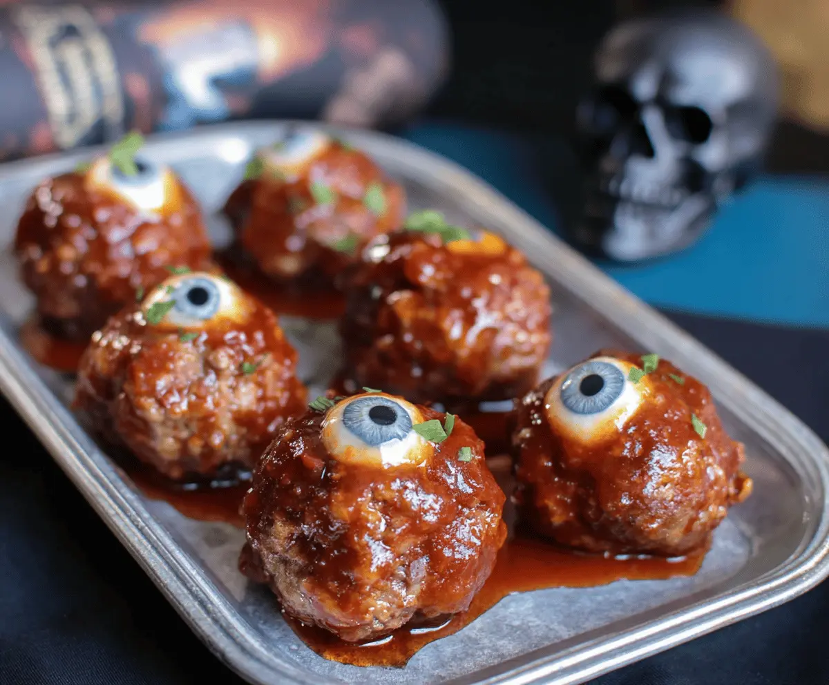 Spooky eyeball meatballs garnished with parsley, perfect for Halloween-themed parties and creepy appetizer displays.