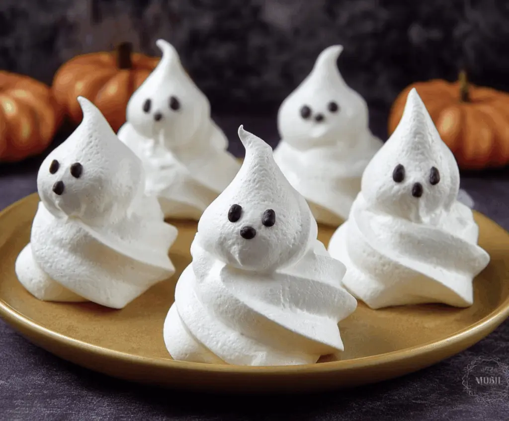 Sweet ghost-shaped meringues with cute faces on a white plate, perfect for Halloween treats.