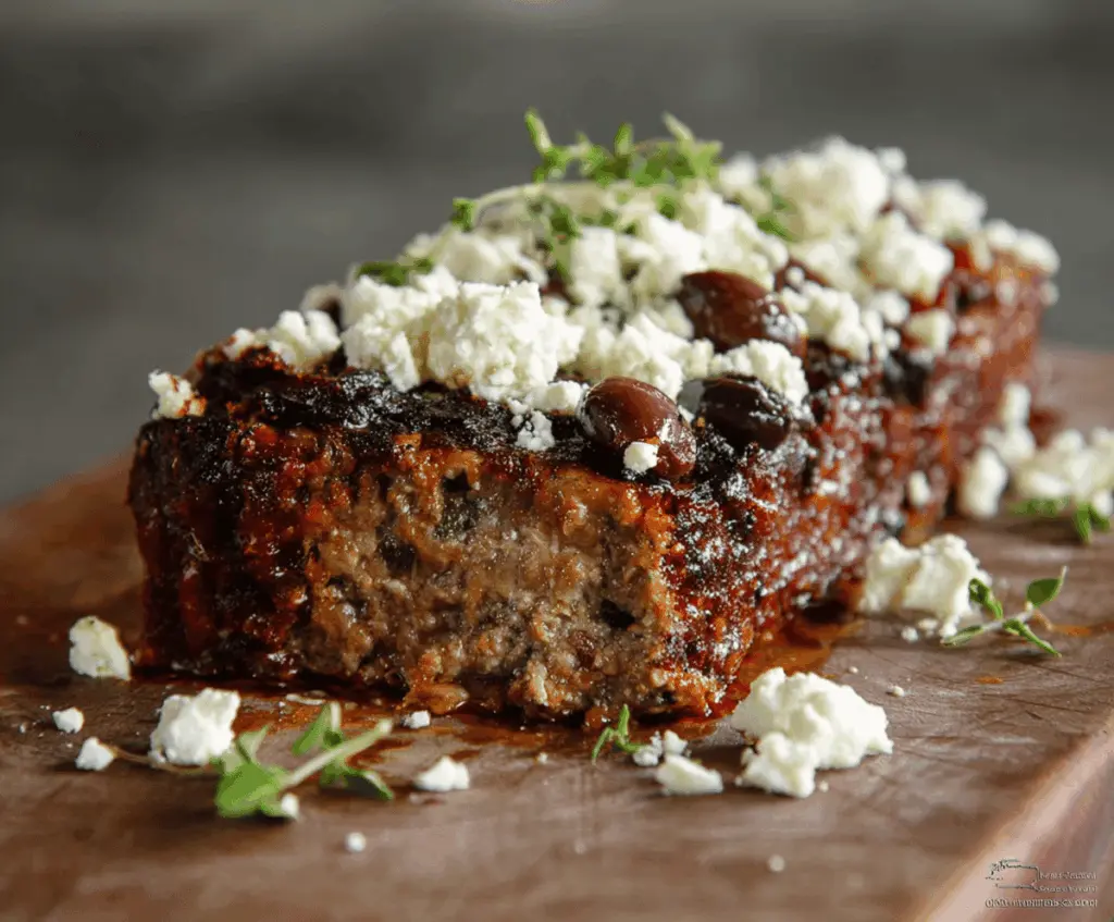 Delicious homemade Greek meatloaf garnished with fresh herbs and lemon slices, served on a rustic plate