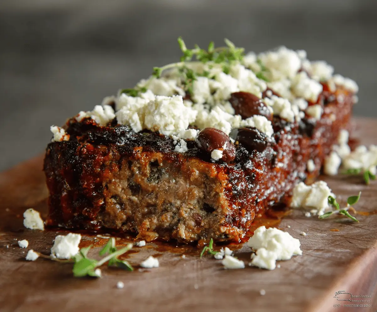 Delicious homemade Greek meatloaf garnished with fresh herbs and lemon slices, served on a rustic plate
